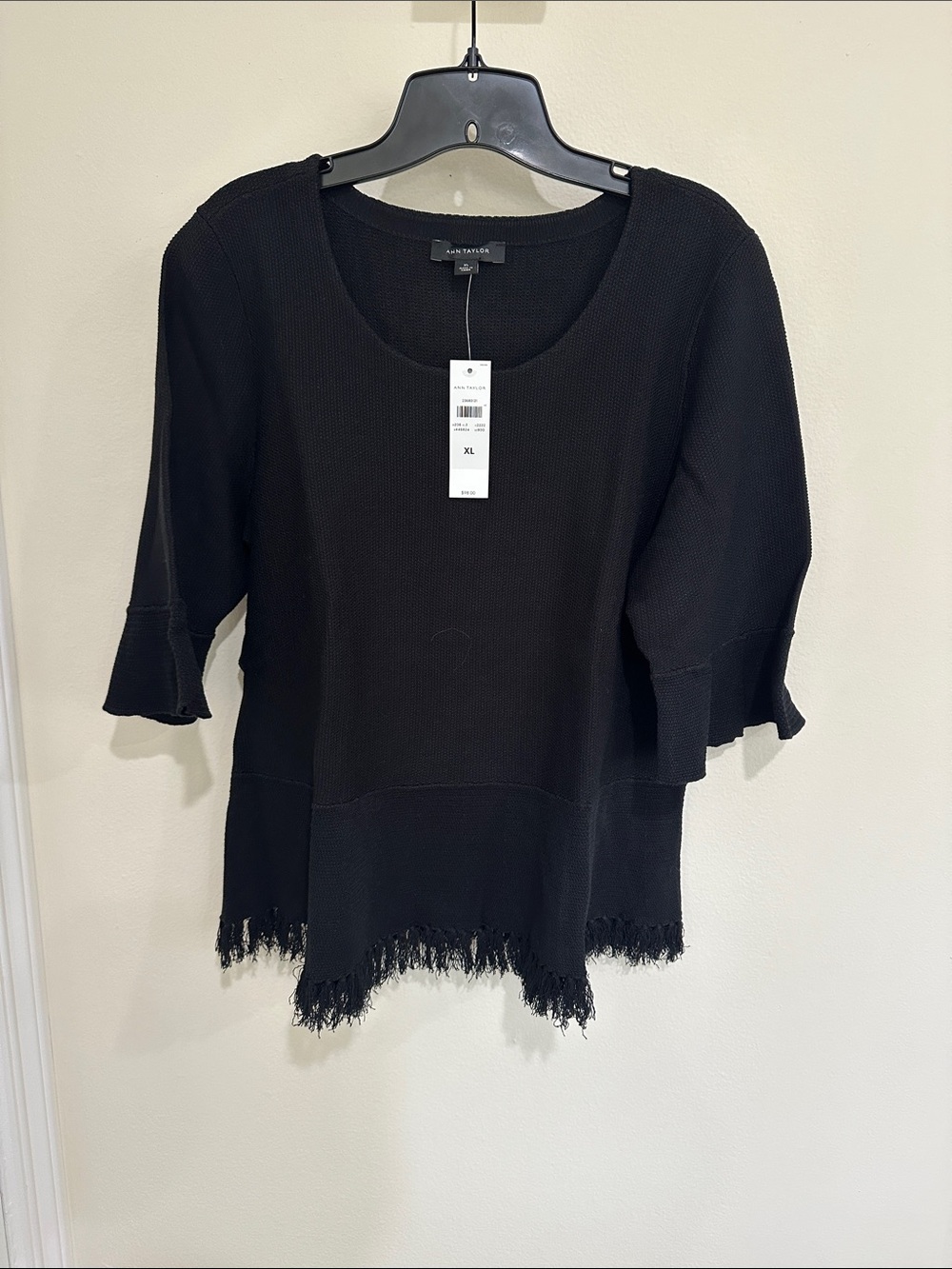 Ann Taylor Black Scoop Neck Knit Top with Frayed Hem